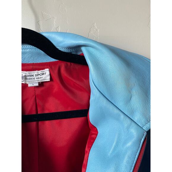 Y2K St. John Sport By Marie Gray Blue Leather Jacket w/ Red Trim Accents/Lining - Picture 10 of 16